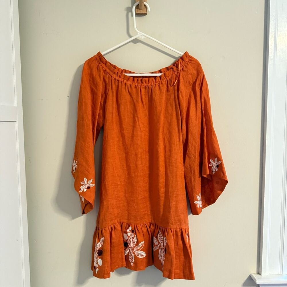 $460 JUAN DE DIOS Mexico Lindo Linen Mini Dress Embroidered SIZE XS Terracotta - Picture 4 of 12